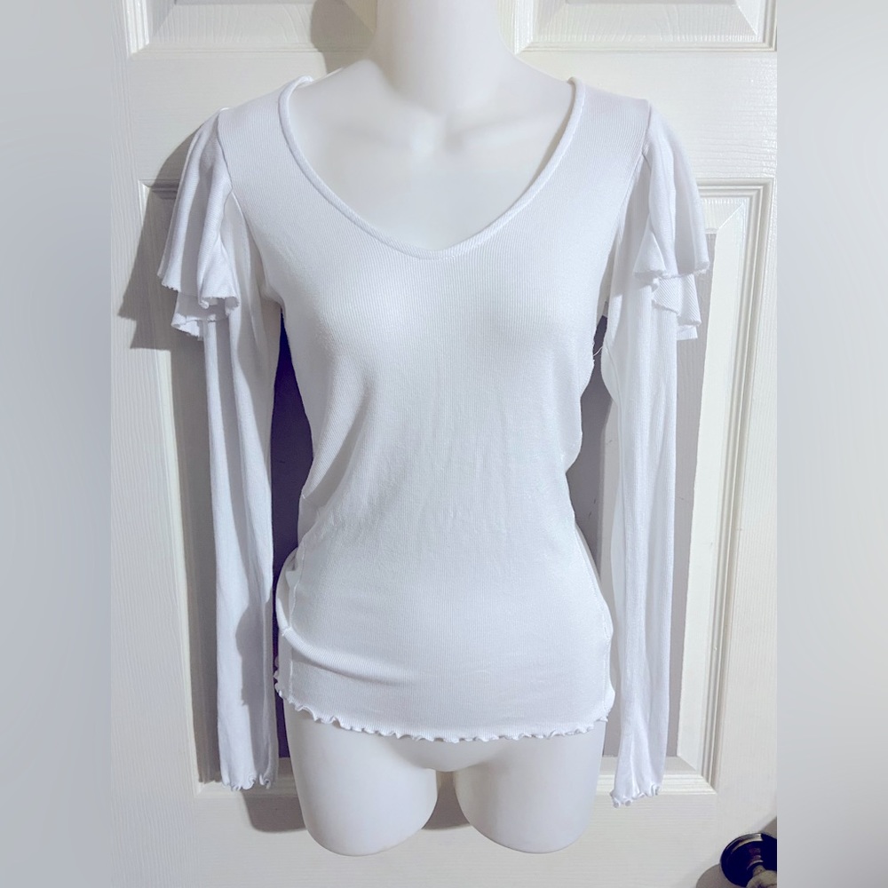 Free people white thermal ribbed ruffled Fluttered shirt top blouse Small / S